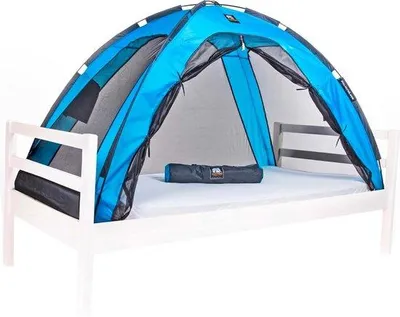 Image de Moustiquaire de lit double Famanu - Protection contre les insectes pour les voyages - 200 x 90 x 110 cm - Bleu avec sac de transport
