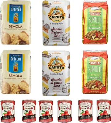 Produktbild von TESTPAKET De Cecco Divella Caputo Semola Hartweizengrieß 6x 1kg + Italian Gourmet 100% italienische geschälte Tomaten dosen 6x 400g
