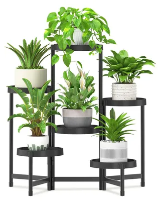 Produktbild von Pflanzenständer aus Metall und Kunststoff mit 6 Ebenen, Blumenständer für drinnen und draußen, mehrstufiges Pflanzenregal/Blumenregal zur Verwendung auf dem Balkon, im Wohnzimmer oder auf der Terrasse (schwarz)
