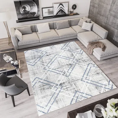 Produktbild von Teppich Kurzflor Modern Design Schlafzimmer Wohnzimmer Vintage Meliert Grau Creme  120 x 170 cm
