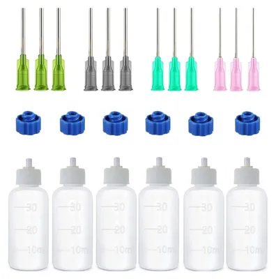 Produktbild von 6 Stück Nadelflasche 30ml, Nadelflaschen Set mit 12 Dosiernadeln und 6 Kappen, Quetschflasche mit Feinen Spitzen, Präzisionsspitzen Applikator Flasche für Flüssigkleber Öltintenfarbe, DIY Handwerk Nac
