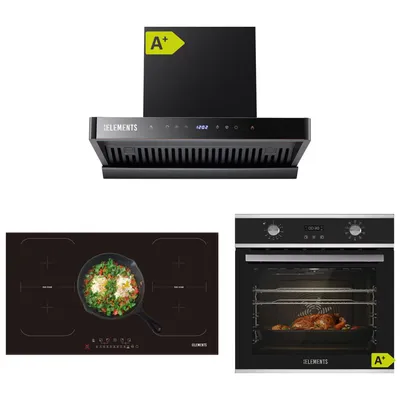 Produktbild von KB ELEMENTS Sparset, Einbauherd Set, Herdset, Induktionskochfeld 90cm 9400 Watt, Dunstabzugshaube 90cm 1350 m³/h, Backofen 60cm 70 Liter, EEK A+