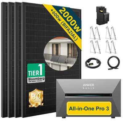 Produktbild von ALLDREI Balkonkraftwerke mit Anker Solix Solarbank 3 E2700 Pro ,Komplettset mit 4x500W Bifazialer Solarpanel & Smarten Zähler
