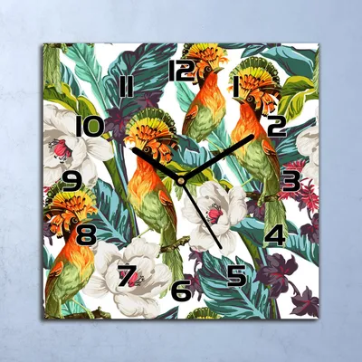Produktbild von Wanduhr Echt-Glas-Küchenuhr Exotische Vögel Quarz Lautlos 30x30 Deko Bilder