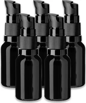 Produktbild von 5x Schwarze Glasflasche 15 ml mit Pumpe Spender leer zum Befüllen Set