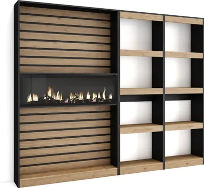 Image de COZY Étagère Bibliothèque, 230x25x186cm, Salon, Cheminée électrique, Chêne et noir