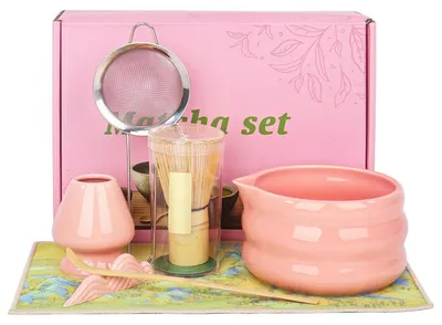 Immagine prodotto di Set da tè Matcha, 7 pezzi, con ciotola, frustino e setaccio, color rosa