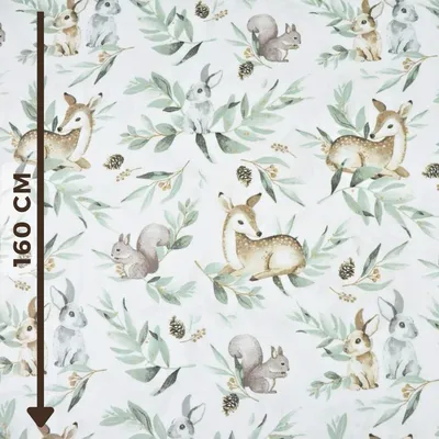 Produktbild von Baumwolle 100% Rehe mit Hasen und salbeigrünen Blättern auf weißem Hintergrund