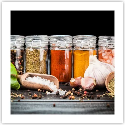 Produktbild von Poster - Poster ohne Rahmen - Gewürze Knoblauch Holz Salz - 50x50 cm - Wand Bild - Wanddeko - Wandbilder - Kunstposter - Wandposter - Bilder - Kunstdruck - Wanddekoration - Wandbild - P2XAC50x50-2896