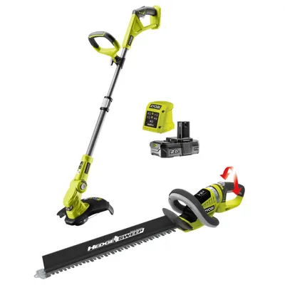 A collection of Ryobi gardening tools, including a string trimmer, hedge trimmer, battery, and charger, displayed against a white background.