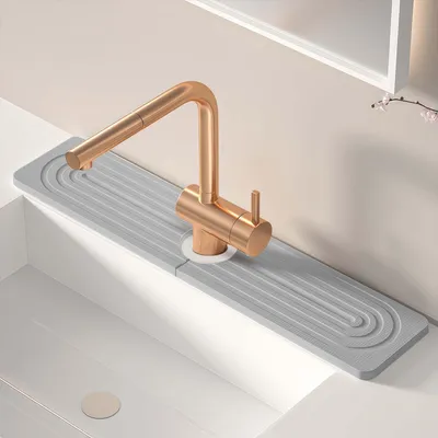 Produktbild von Abtropfmatte für Spüle, Wasserhahn, Spritzschutz, 40 x 10 cm, Kieselgur, schnelltrocknende Steinabtropfmatte für Küche und Bad, wasserdicht und feuchtigkeitsbeständig, hellgrau