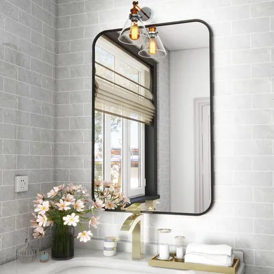 Produktbild von Wandspiegel 51 x 71 cm mit abgerundeten Ecken, Alurahmen Schwarz, horizontal/vertikal montierbar