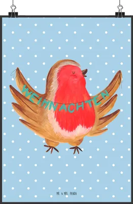Produktbild von Mr. & Mrs. Panda Bild Rotkehlchen Weihnachten DIN A2 - Blau Pastell - Geschenk, Wandbild, Frohe, wanddeko, Winter, Kunstdruck, drucke, Weihnachtsgruß, Heiligabend, Vogel