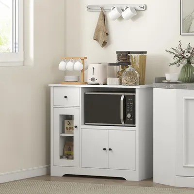 Produktbild von Kommode Buffet, Sideboard Küchenschrank mit Kabelloch, 2 Türen Schublade offenes Fach, Weiß  |  Kippschutz  |  Spanplatte Melamin  |  80 x 35 x 72,2 cm