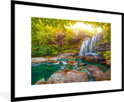Produktbild von MuchoWow® Gerahmtes Poster Natur - Wasserfall - Pflanzen - Bäume - Sonne 90x60 cm - Poster mit Schwarzem Bilderrahmen Wandposter Rahmen Foto Bilder - Wanddekoration - Fotos