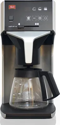 A front view of a Melitta coffee maker with a glass carafe.