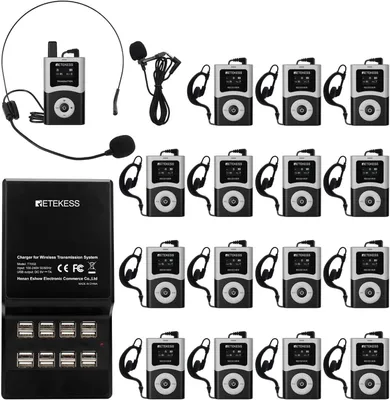 A collection of Retekess T130U wireless tour guide system components, including transmitters, receivers, microphones, and a charging base with multiple USB ports, arranged on a white background.
