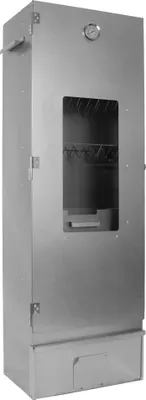 A full-shot, black and white image of a stainless steel smoker.