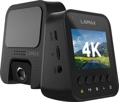 Two black dashcams are shown, one in front of the other. The front dashcam has a screen displaying "4K" and a road scene.