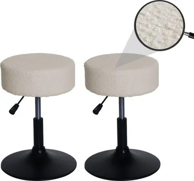Obrázok produktu pre sada 2 stoličiek HWC-C22, stolička na líčenie, výškovo nastaviteľná otočná Ø 37 cm tkanina bouclé 450g/m²  ~ krémovo-biela