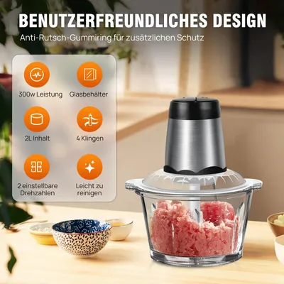 Produktbild von Elektrischer Food Processor - Küchenmaschine und Zerkleinerer - 2 L Glasschüssel - 4 doppelstöckige Klingen - 2 Geschwindigkeiten - EU-Stecker