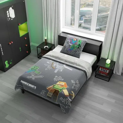 A Minecraft-themed bedroom with a bed, wardrobe, and nightstands.