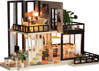 Image de ele ELEOPTION Kit de construction de maison de poupée miniature Maison en bois de bricolage avec 5 lumières LED et housse anti-poussière , Meubles de maison créatifs faits à la main 2 niveaux Modèle de construction pour adultes Enfants à des fins éducatives Cadeaux,Modèle K-033
