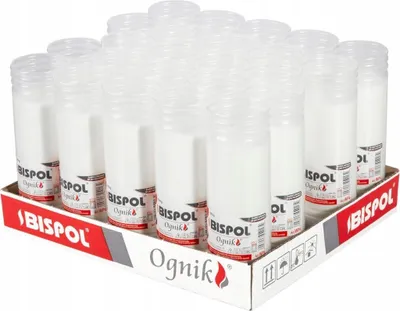 A display of multiple white candle inserts in clear plastic holders, arranged in rows within a cardboard box.