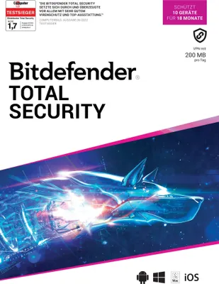 Produktbild von Bitdefender Total Security 2025 inkl. 200MB VPN / 10 Geräte / 1,5 Jahre / Lizenz per E-Mail