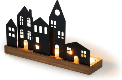 Immagine prodotto di Candeliere natalizio: portacandele in legno con 5 piccole case in metallo nero