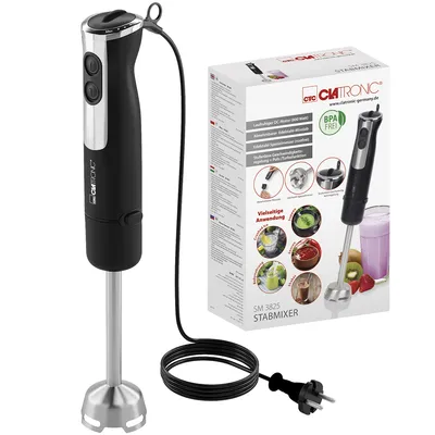 A Clatronic stab mixer and its packaging are shown against a white background.