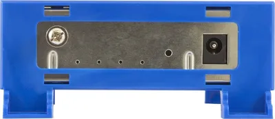 The back of a blue electronic device with a metal plate and connectors.