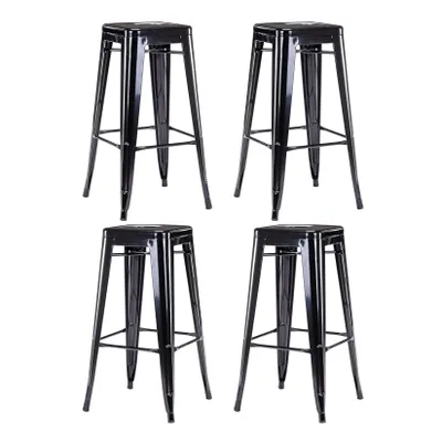 Four black metal bar stools arranged in a 2x2 grid against a white background.