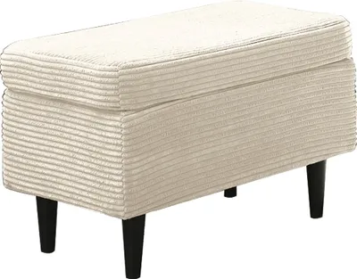 A beige corduroy ottoman with black legs on a white background.