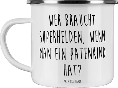 Produktbild von Mr. & Mrs. Panda Kaffeepott Spruch Patenkind Wunder - Weiß - Geschenk, Geschenke, Haferl, Teetasse, Emaille Tasse, Campingbecher, liebevoll handgefertigt, Pott, Lächeln
