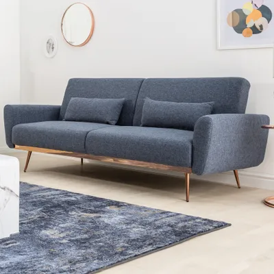 Produktbild von riess-ambiente Retro Schlafsofa BELLEZZA 210cm blau Strukturstoff 3-Sitzer Couch Metallfüße roségold Schlafcouch Couch Sofa