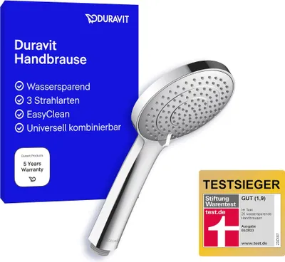 Immagine prodotto di Soffione doccia universale Duravit, doccia con 3 tipi di getto (Rain, Intense , Soft ), doccetta rotonda (Ø 110 mm), soffione con funzione MinusFlow per il risparmio idrico, facile da pulire, cromato