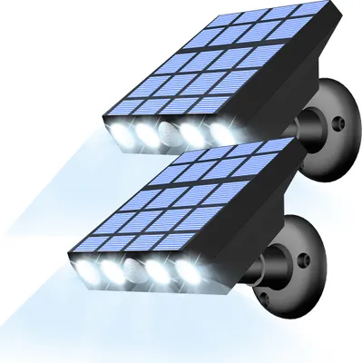Two LED solar lamps with motion sensors, mounted on a white background.