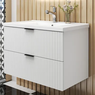Produktbild von AICA Waschbeckenunterschrank Weiß Matt 80cm Dickes Keramik Waschtisch mit Unterschrank,2 Softclose-Schubladen,geriffelte Schubladentüren