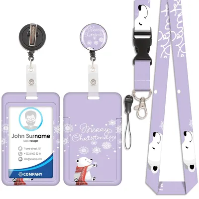 Produktbild von Kartenhalter mit weihnachtlichem Schneeflockenbären, Auswelter, abnehmbares Lanyard mit ausziehbarem Clip für Visitenkarten, Türkarten, Ausweise und mehr.