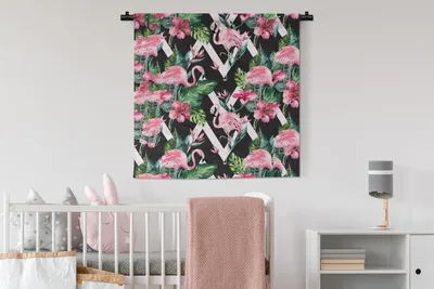 Produktbild von MuchoWow® Wandteppich Wandbehang Flamingo - Blumen - Blätter - Muster 90x90 cm Tapisserie Dekoration Wandtuch - Wandaufhänger