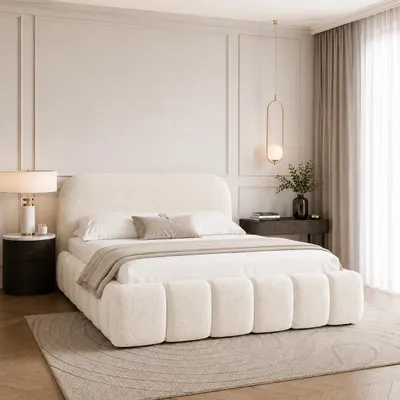 Produktbild von Polsterbett BELLURE mit Bettkasten, Bett 120x200, Doppelbett mit Stauraum und Lattenrost, Boxspringbett-Optik, ohne Matratze, Schlafzimmer - Creme