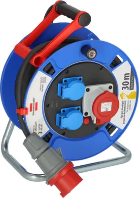 A blue and red electrical extension cord reel with multiple outlets.
