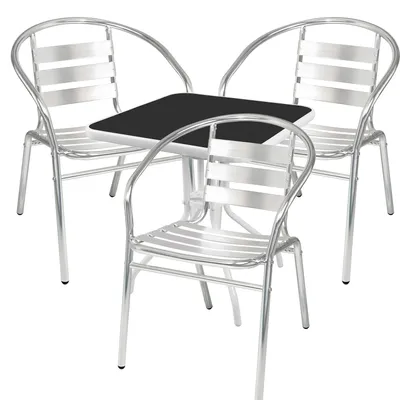 Image de Garniture de bistrot 4 pièces métal blanc plateau en verre noir 3 chaises de bistrot