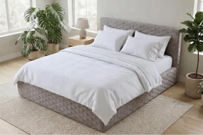 Produktbild von Komvortowy | Polsterbett 120x200 Cm | TRÄNEMUSTER | Doppelbett Mit Metall-Lattenrost & Gasdruckfeder | GRAU | Bettkasten Ohne Bodenplatte | Stauraumbett | Hochklappbar