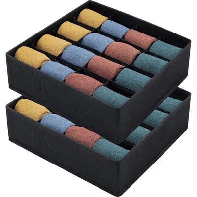 Immagine prodotto di Contenitori portaoggetti pieghevoli, ideali per calze e biancheria intima, con 16 scomparti, colore nero, 2 pezzi, dimensioni 30x30x9 cm