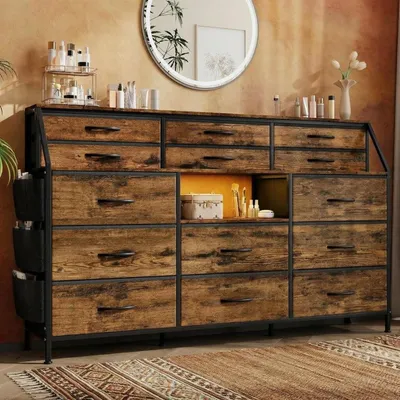 Image de Commode avec 14 tiroirs en tissu, structure en MDF, finition marron, dimensions : 100 x 36 x 28,5 cm
