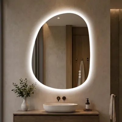 Immagine prodotto di Specchio da bagno illuminato S'AFIELINA, 70x90 cm, specchio LED asimmetrico, senza cornice, 3 tonalità di luce, dimmerabile, antiappannamento, con funzione di memoria