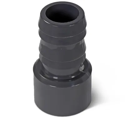A close-up studio shot of a gray PVC-U hose adapter with a ribbed section and a smooth end.