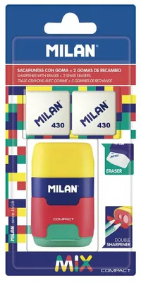 Imagen del producto de Paquete de gomas de borrar en blister, con afilador. Mezcla compacta + 2 gomas de borrar de repuesto. Transparente. Para niños. Transparente. Talla única